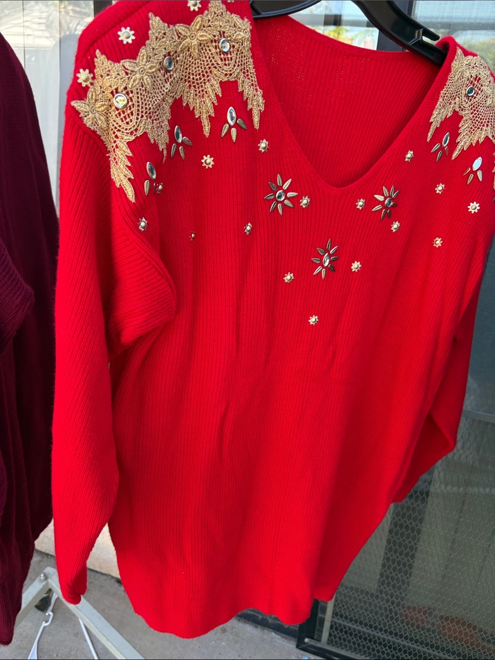 Focus  U S A Red Embellished V-Neck Women's Sweater with Gold Appliqué